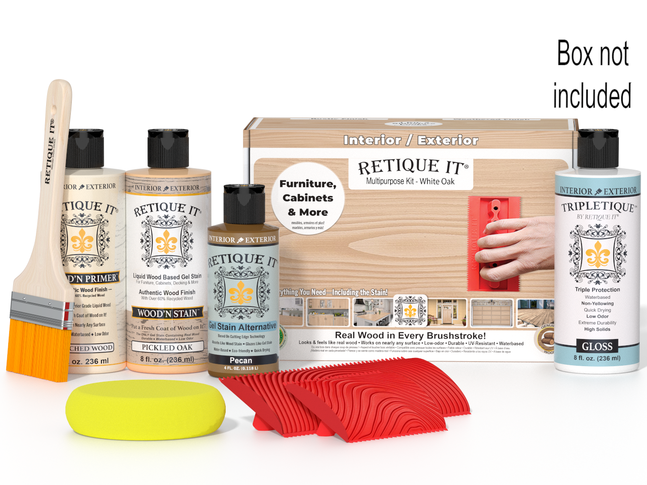 Retique It® Wood'n Kit in white oak finish, interior top coat kit for wood furniture and surfaces, packaged in a box.