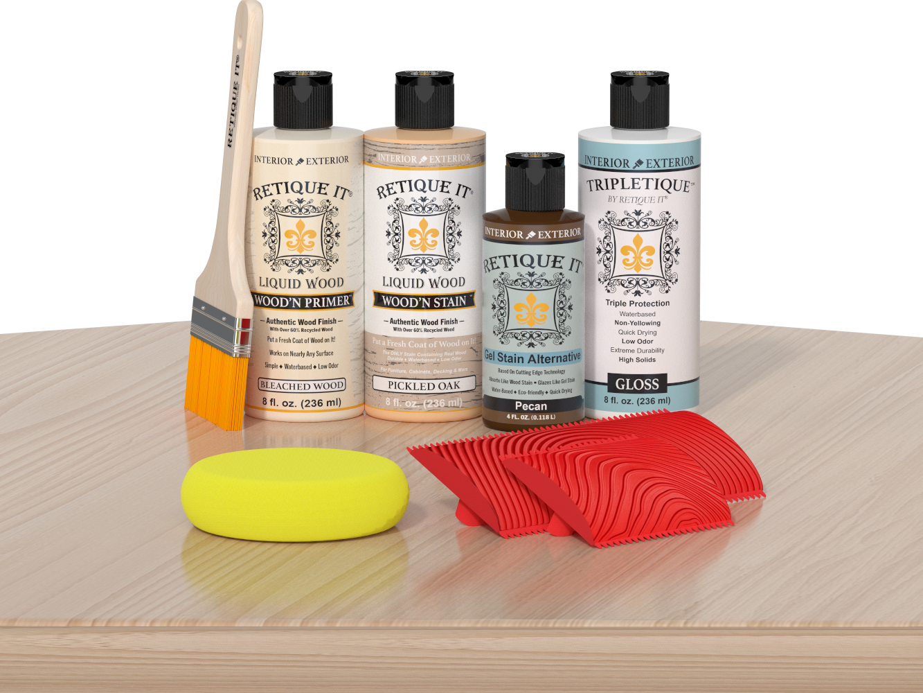 White oak Wood'n Finish Kit by Retique It® for interior top coat application on wood surfaces, shown on a table.