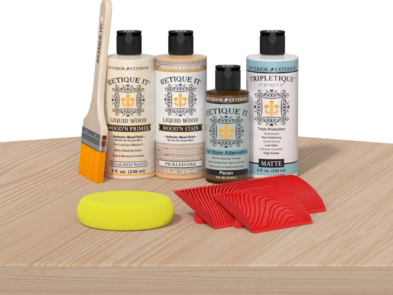 Retique It® Wood'n Finish Kit in White Oak for interior top coat application, shown on a wooden table surface.