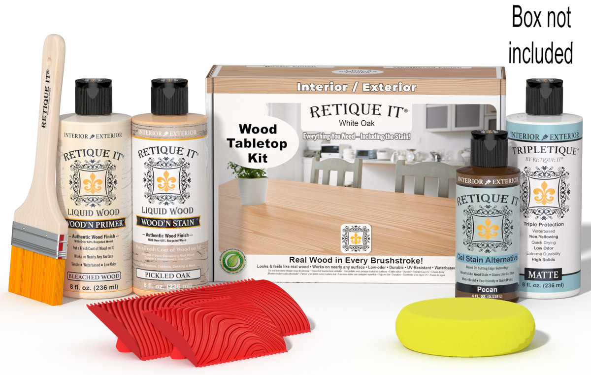 Retique It® Wood'n Finish Kit for tabletops in White Oak stain, featuring stain bottles and application tools.