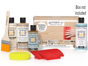 Retique It® Wood'n Finish Kit in White Oak for interior top coating, featuring a box with wood finish supplies and tools.
