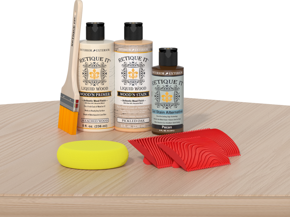 Retique It® Fireplace Mantel Wood'n Finish Kit in White Oak stain, showing wood grain and finish details.