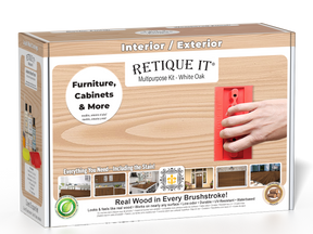 Retique It® White Oak Multipurpose Kit retail box featuring a White Oak wood finish, red graining tool demonstration, and furniture, cabinets & more project imagery.