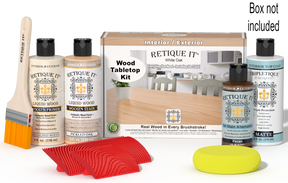 Retique It® White Oak Wood Tabletop Kit with Bleached Wood Primer, Pickled Oak Wood'n Stain, Matte TripleTique Top Coat, Pecan Gel Stain Alternative, yellow sponge, red graining tool, brush, and kit box.