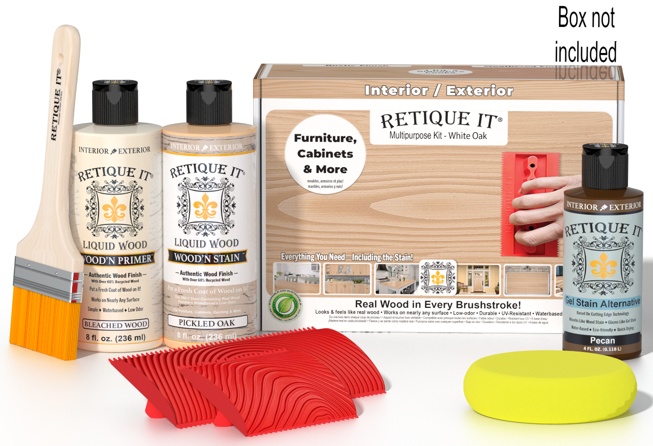 Retique It® Wood'n Finish Kit in White Oak, multi-purpose wood finishing set with brushes and application tools.