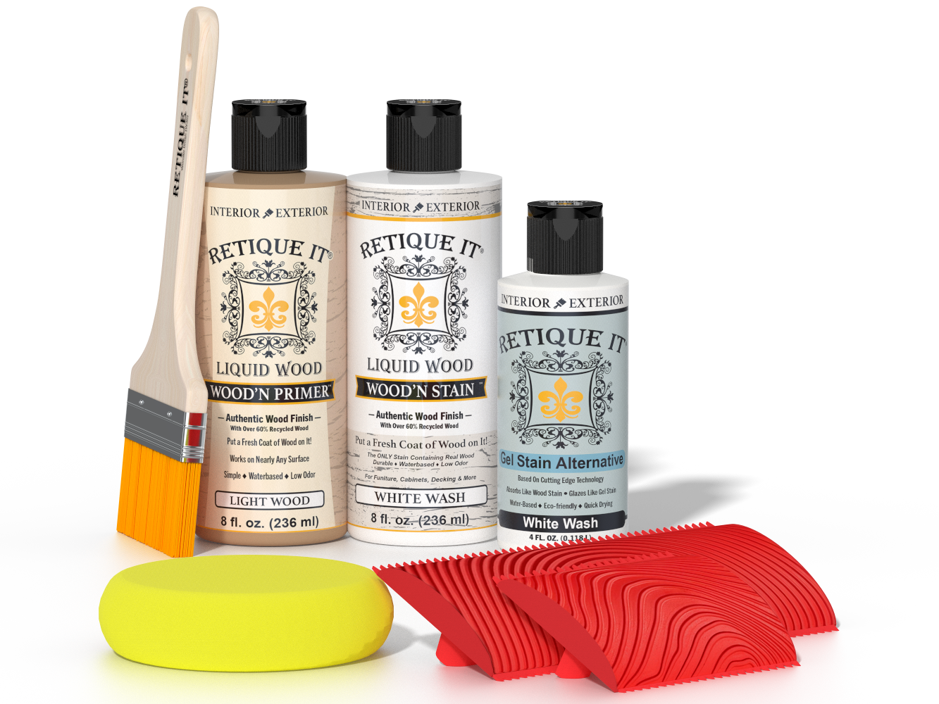 Retique It® Wood'n Finish Kit in White Wash stain for fireplace mantels, featuring wood stain applications and finishing tools.