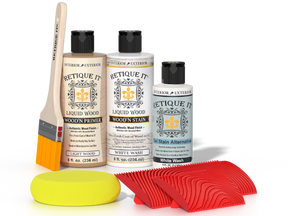 Retique It® Wood'n Finish Kit in White Wash stain for fireplace mantels, featuring wood stain applications and finishing tools.