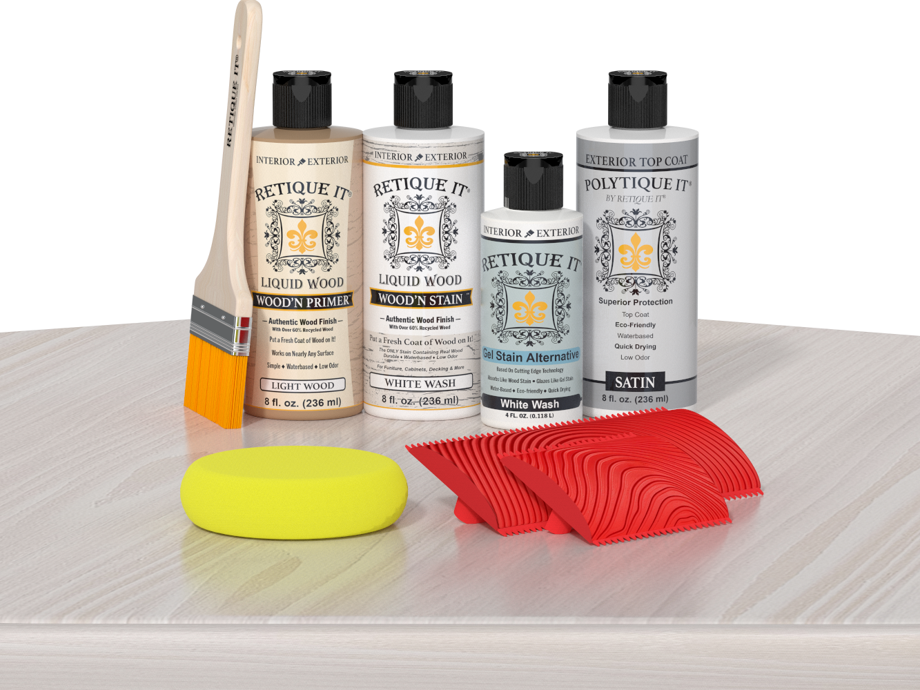 Retique It® Wood'n Finish Kit in White Wash with exterior top coat, displayed on table showcasing wood finishing products.