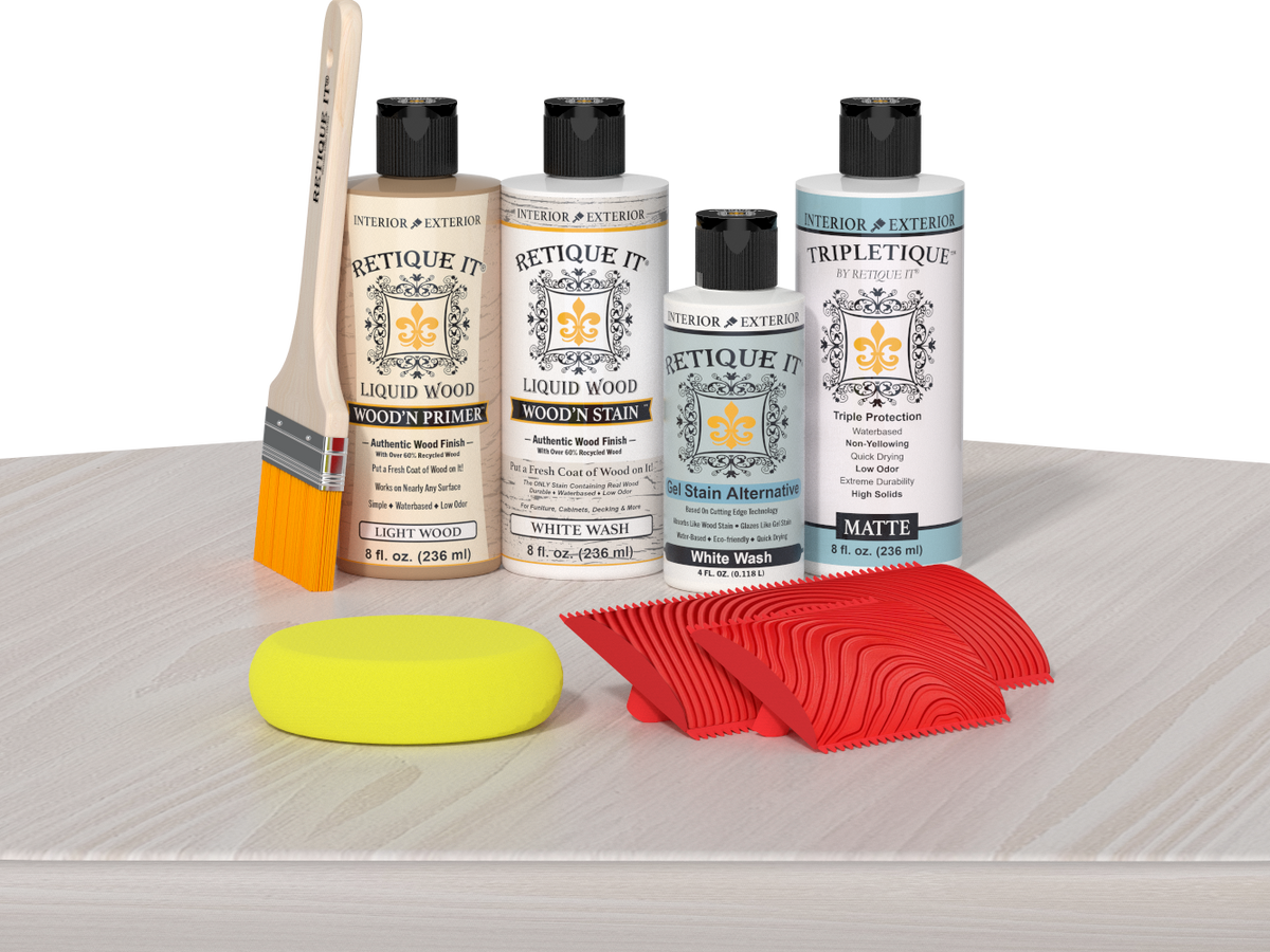 Retique It® Wood'n Finish Kit in White Wash stain applied to a tabletop, showcasing the wood finish and color.