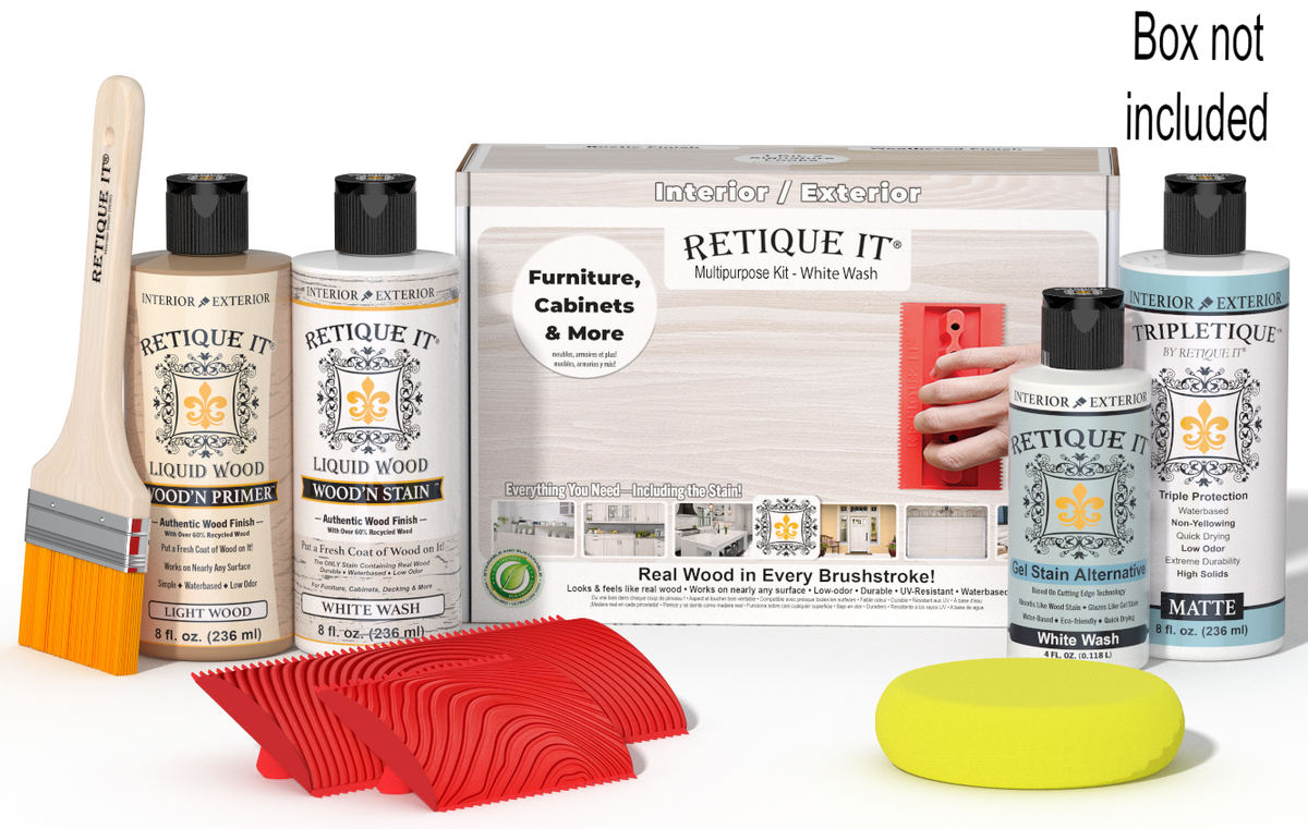 Retique It® Wood'n Kit White Wash interior top coat stain set with brush and applicator for wood finishing projects.