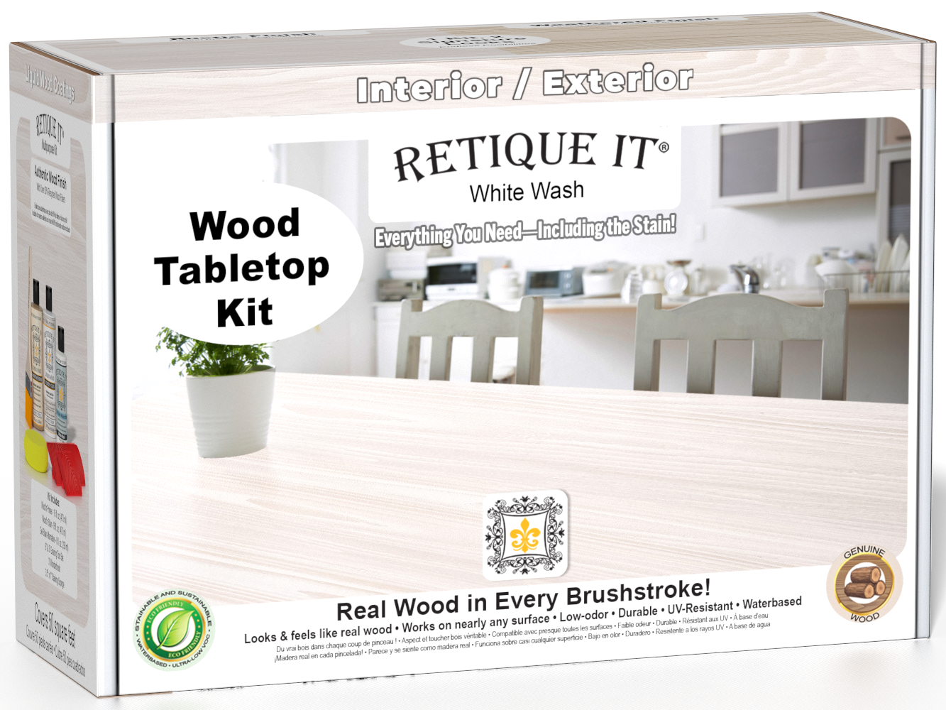 Retique It® White Wash Wood Tabletop Kit retail box featuring a White Wash tabletop finish and kitchen scene.