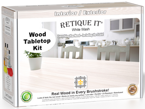 Retique It® White Wash Wood Tabletop Kit retail box featuring a White Wash tabletop finish and kitchen scene.
