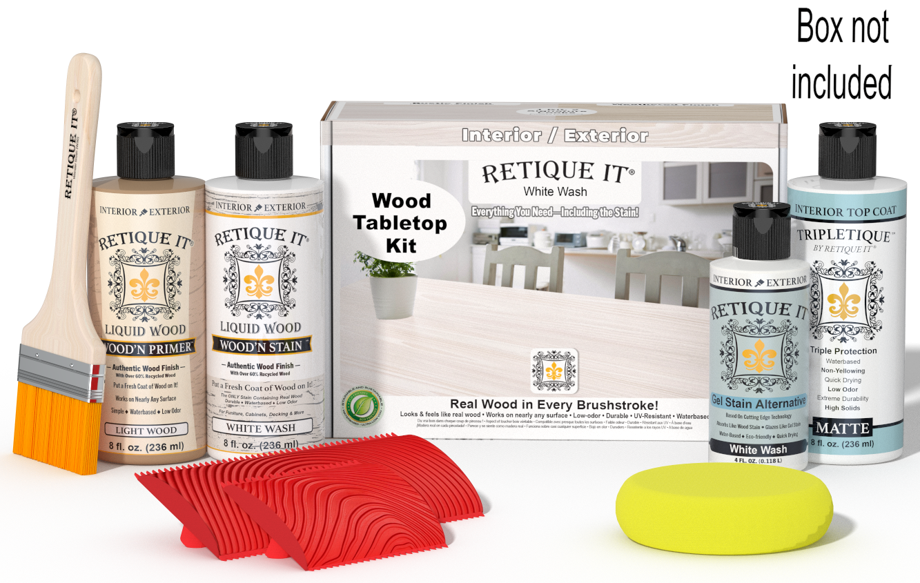 Retique It® White Wash Wood Tabletop Kit with Light Wood primer, White Wash stain, White Wash gel stain alternative, Matte Tripletique® Top Coat, brush, red graining tool, yellow sponge, and product box.