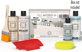 Retique It® White Wash Wood Tabletop Kit with Light Wood primer, White Wash stain, White Wash gel stain alternative, Matte Tripletique® Top Coat, brush, red graining tool, yellow sponge, and product box.