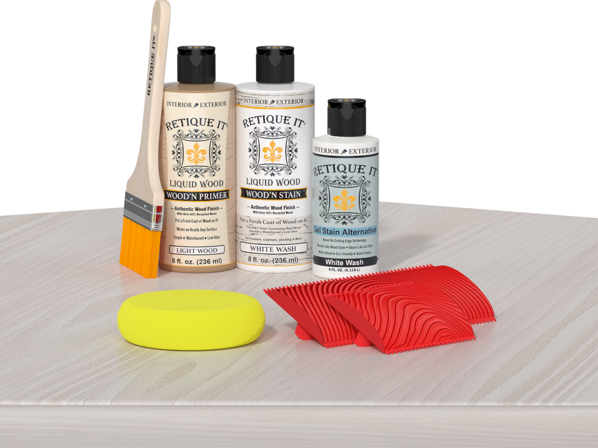 Retique It® Fireplace Mantel Wood'n Finish Kit in White Wash stain displayed on a table with finished wood texture and color.