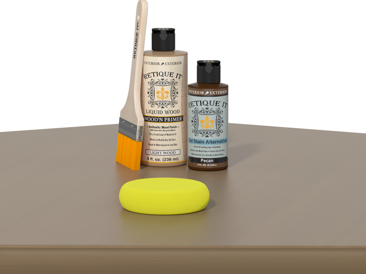 Retique It® Multi-purpose Smooth Finish Kit in Pecan for wood finishing, shown on a table surface.