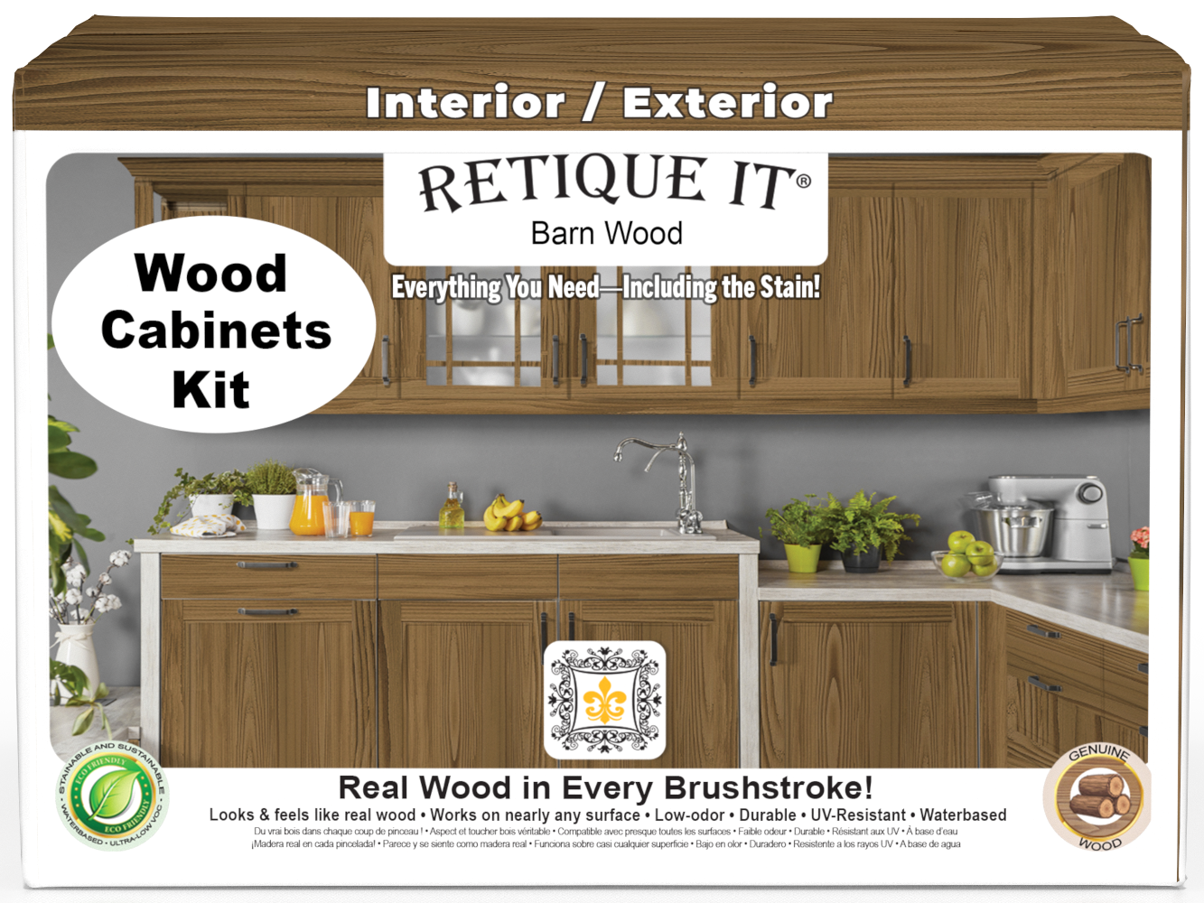 Retique It® Wood'n Cabinet Kit with 48 grained barn wood doors, showcasing natural stained wood cabinet fronts.