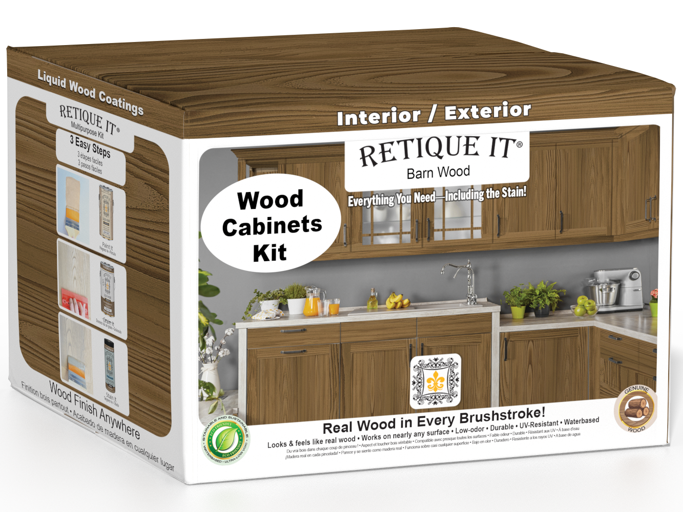 Retique It® Wood'n Cabinet Kit with 48 barn wood-stained grained cabinet doors, showcasing natural wood texture and finish.