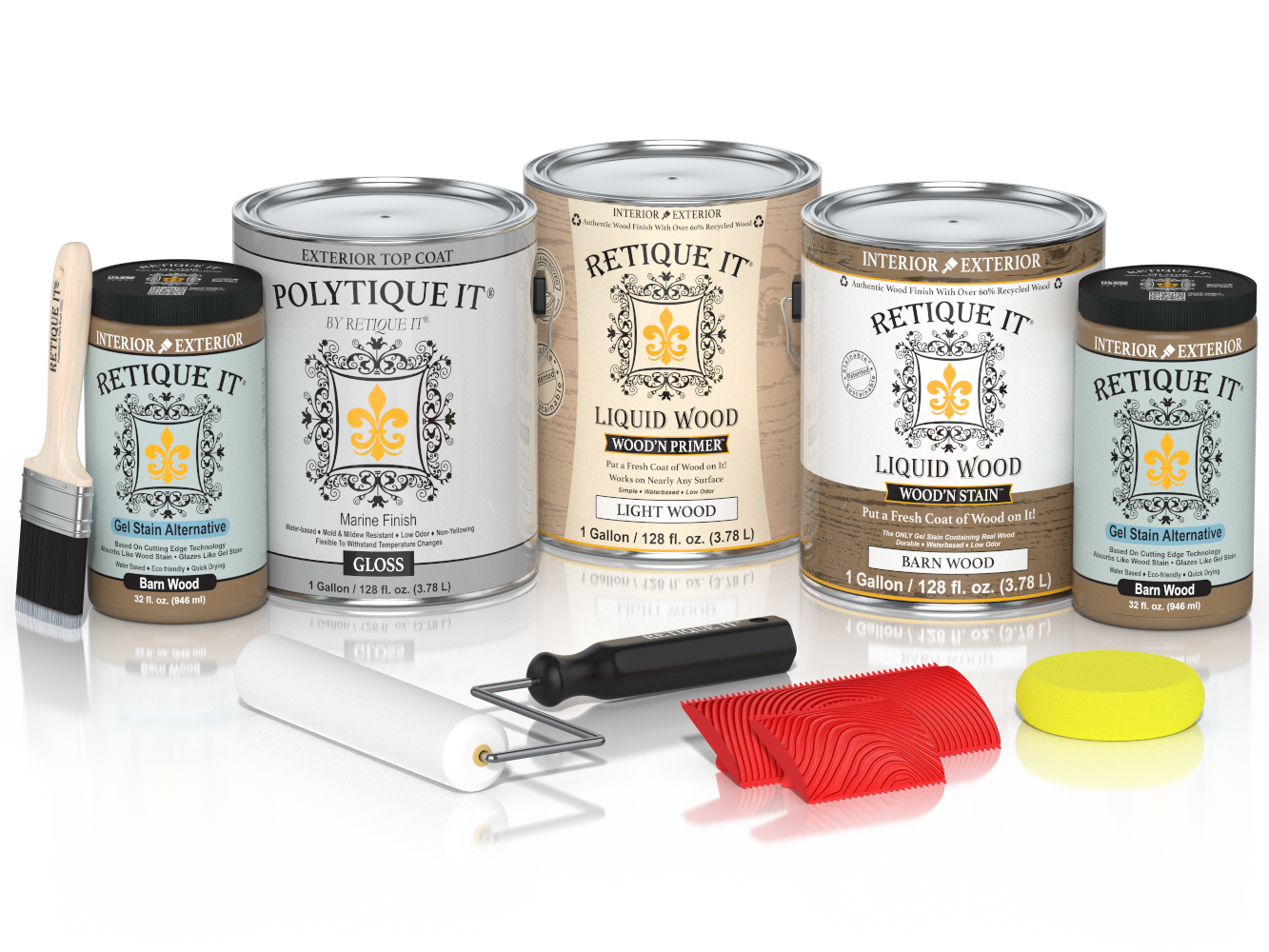 Retique It Wood'n Kit with four large barn wood exterior topcoat containers, glossy finish for wood projects.