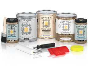 Retique It Wood'n Kit with four large barn wood exterior topcoat containers, glossy finish for wood projects.
