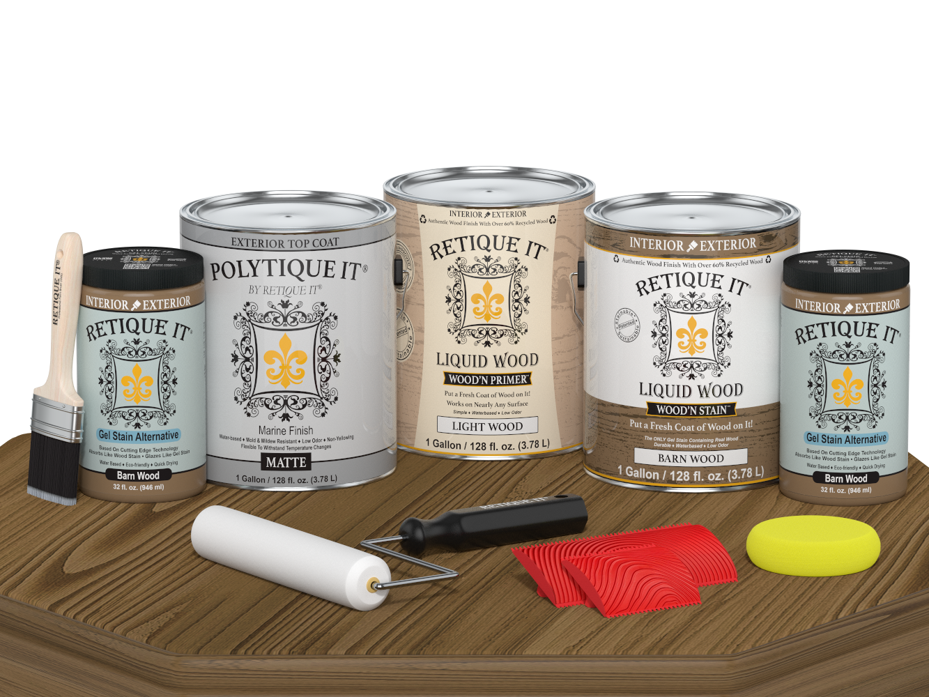 Retique It Wood'n Kit with four barn wood exterior topcoat finish bottles, matte finish, for multi-purpose wood projects.