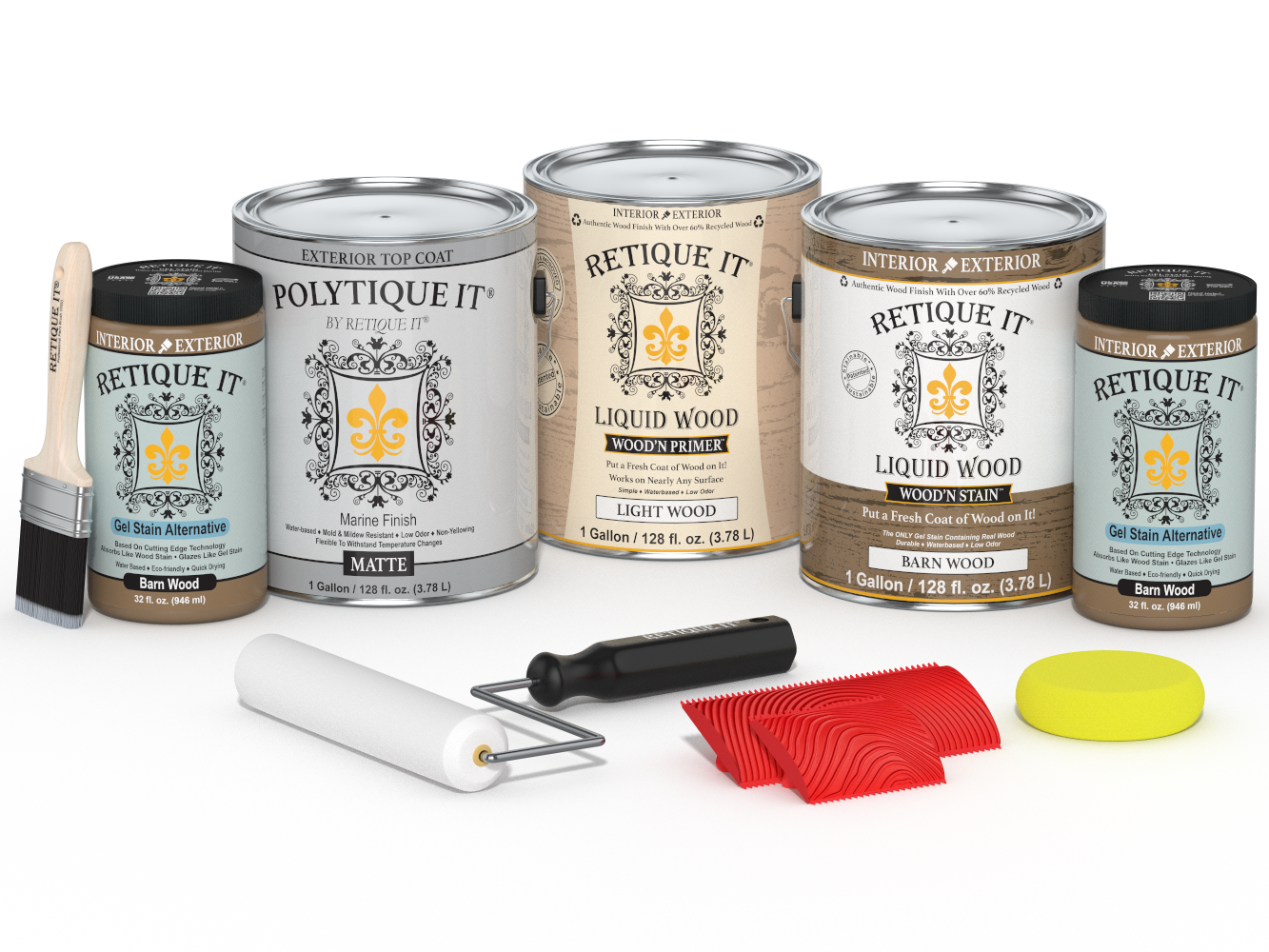 Retique It Wood'n Kit with four large barn wood exterior topcoat finish bottles in matte for multi-purpose wood projects.
