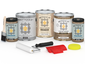 Retique It Wood'n Kit with four large barn wood exterior topcoat finish bottles in matte for multi-purpose wood projects.