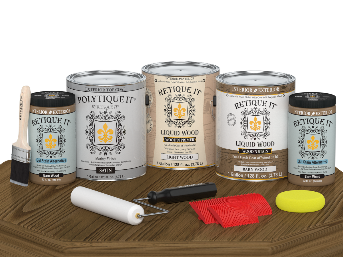 Retique It Barn Wood decking wood stain kit with satin finish, shown on a table, designed for wood decking projects.