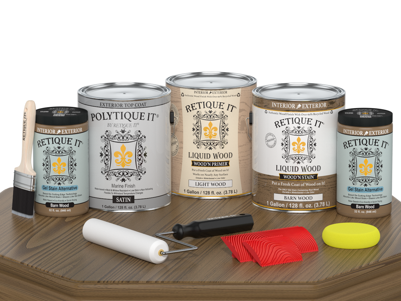 Retique It Wood'n Finish Kit in Barn Wood with Satin topcoat, featuring four large containers for exterior wood finishing.