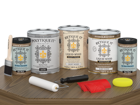 Retique It Wood'n Finish Kit in Barn Wood with Satin topcoat, featuring four large containers for exterior wood finishing.