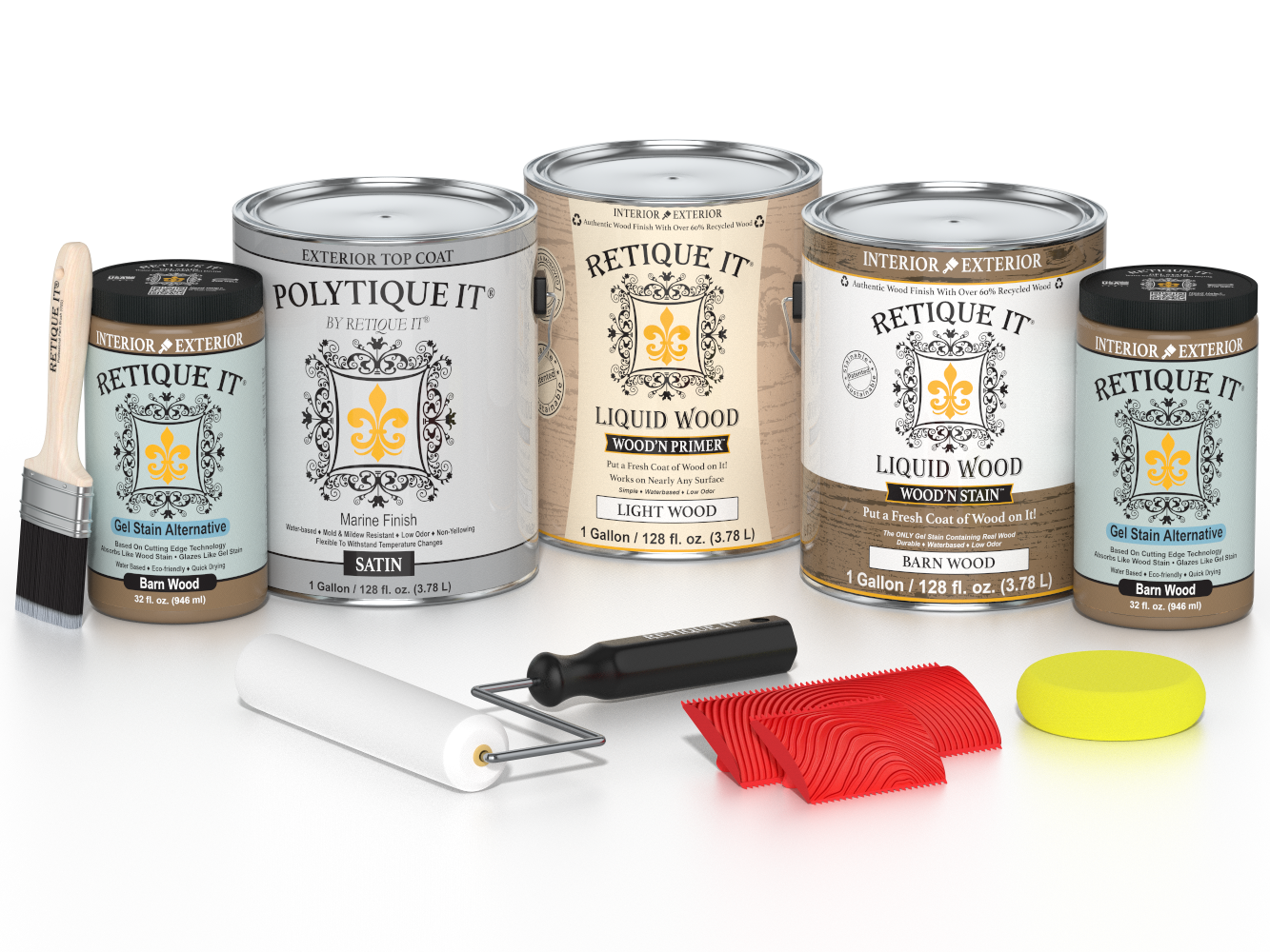 Retique It Wood'n Kit in barn wood finish with satin topcoat, includes four large exterior wood finish products for versatile wood projects.