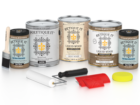 Retique It Wood'n Kit in barn wood finish with satin topcoat, includes four large exterior wood finish products for versatile wood projects.