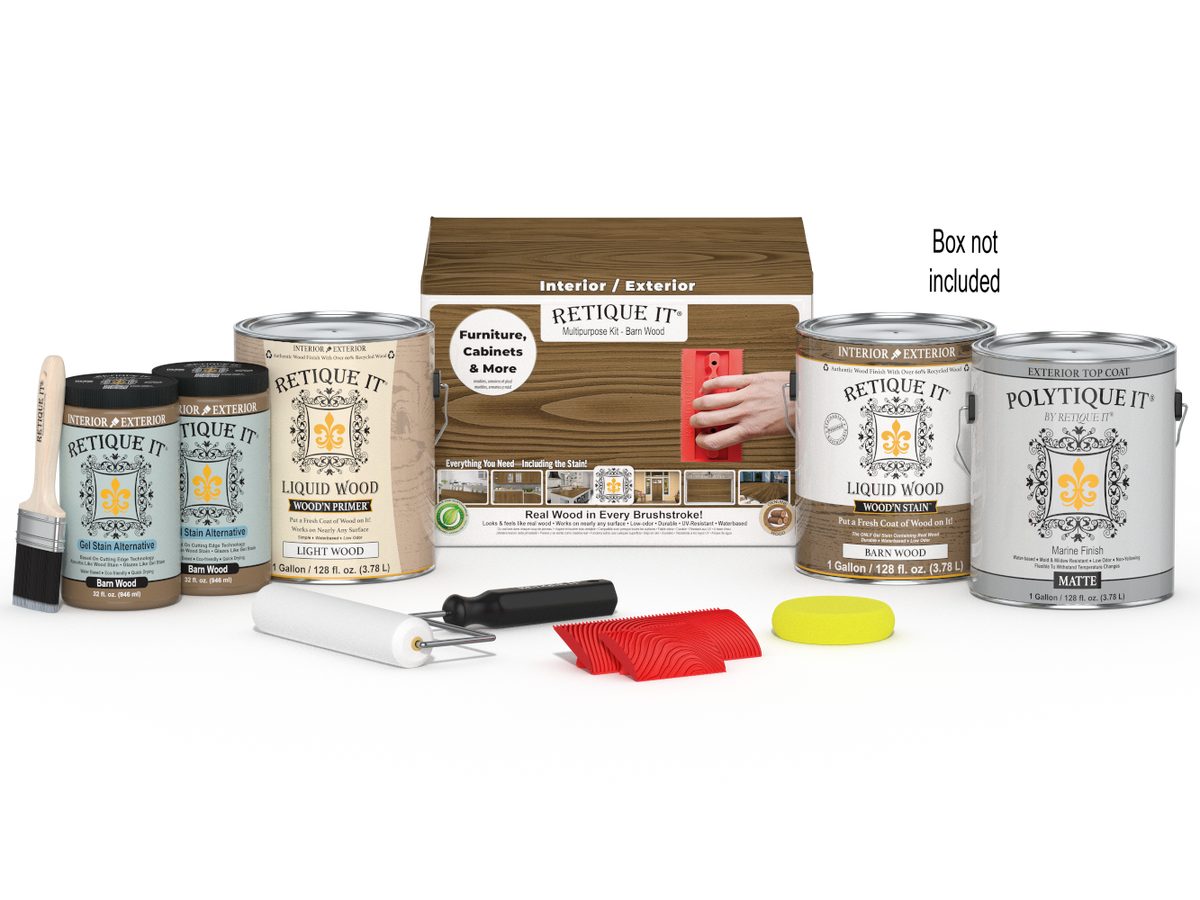 Retique It Wood'n Kit with four large barn wood exterior topcoat finish bottles and application tools, designed for multi-purpose wood projects.