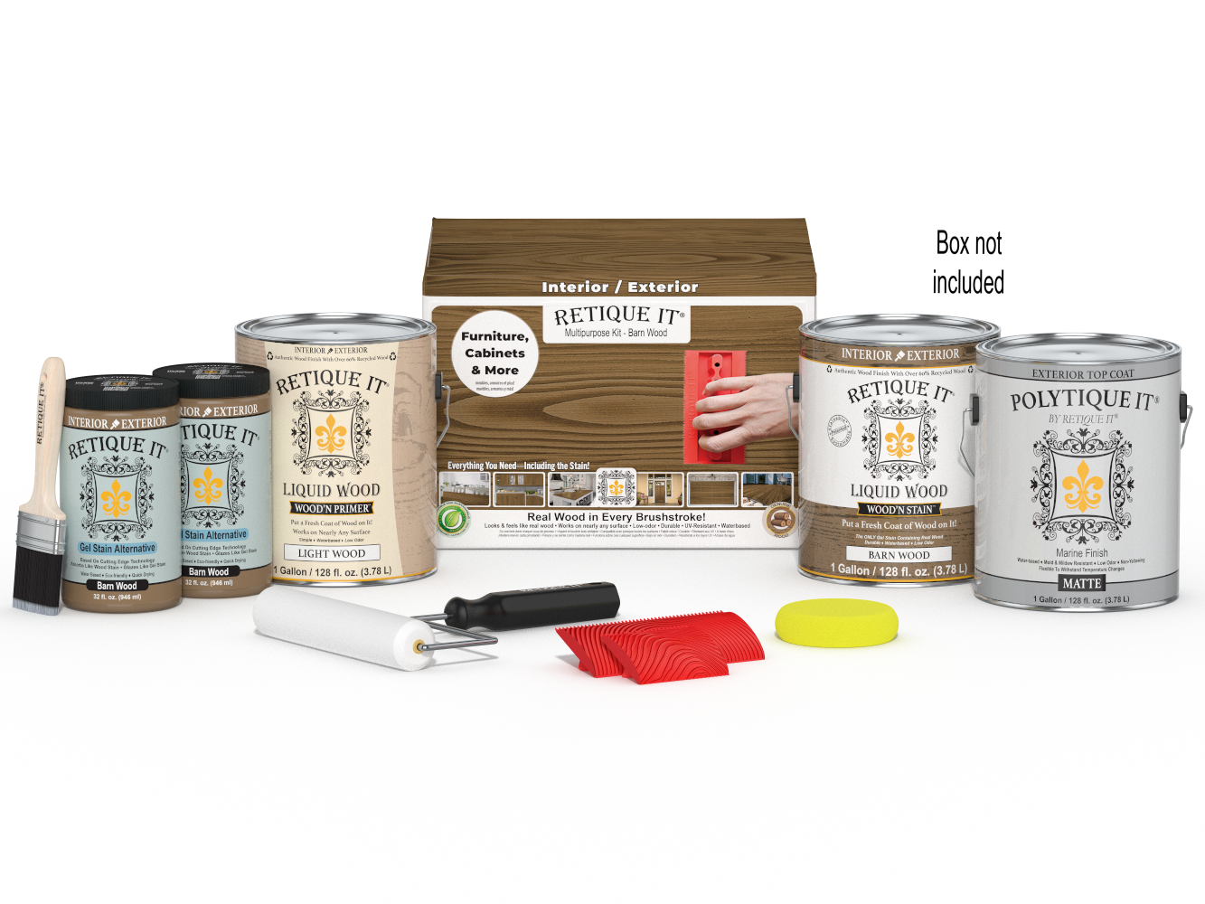 Retique It Wood'n Kit with four large barn wood exterior topcoat finish bottles and application tools, designed for multi-purpose wood projects.