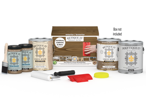 Retique It Wood'n Kit with four large barn wood exterior topcoat finish bottles and application tools, designed for multi-purpose wood projects.
