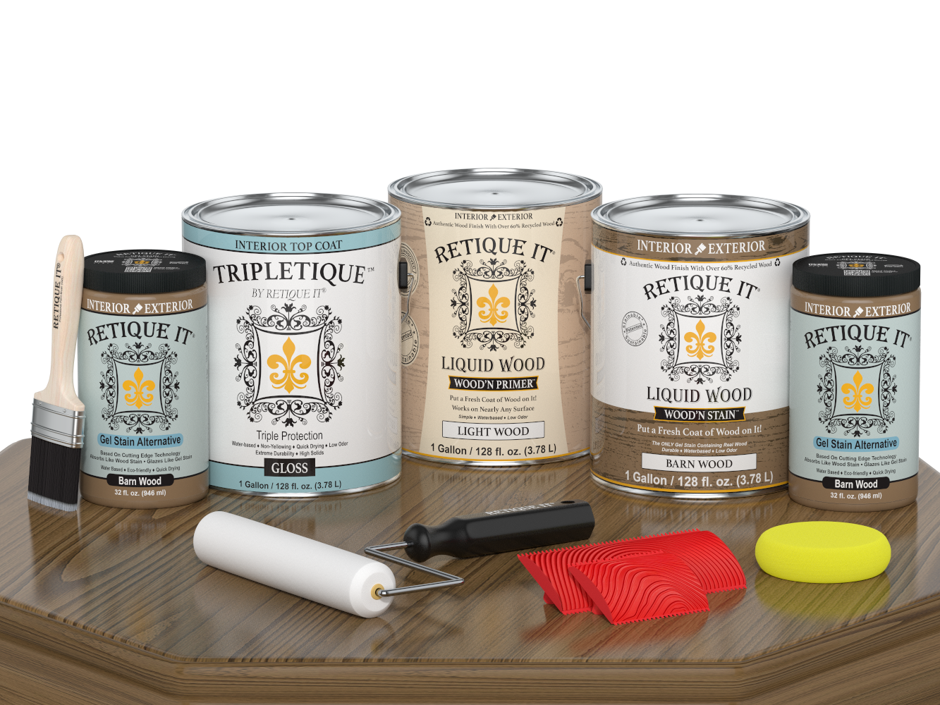 Retique It Wood'n Finish Kit with four large barn wood interior topcoats in glossy finish, shown on a table surface.