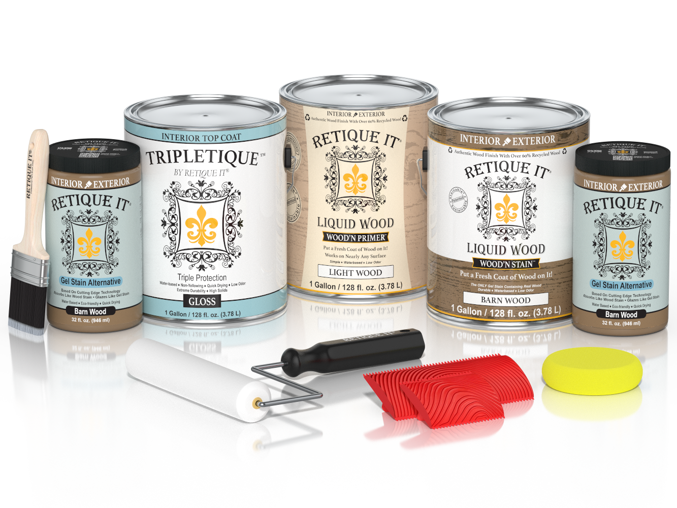 Retique It Wood'n Finish Kit in barn wood finish with a glossy topcoat, featuring four large wood treatment bottles.