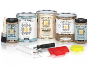Retique It Wood'n Finish Kit in barn wood finish with a glossy topcoat, featuring four large wood treatment bottles.