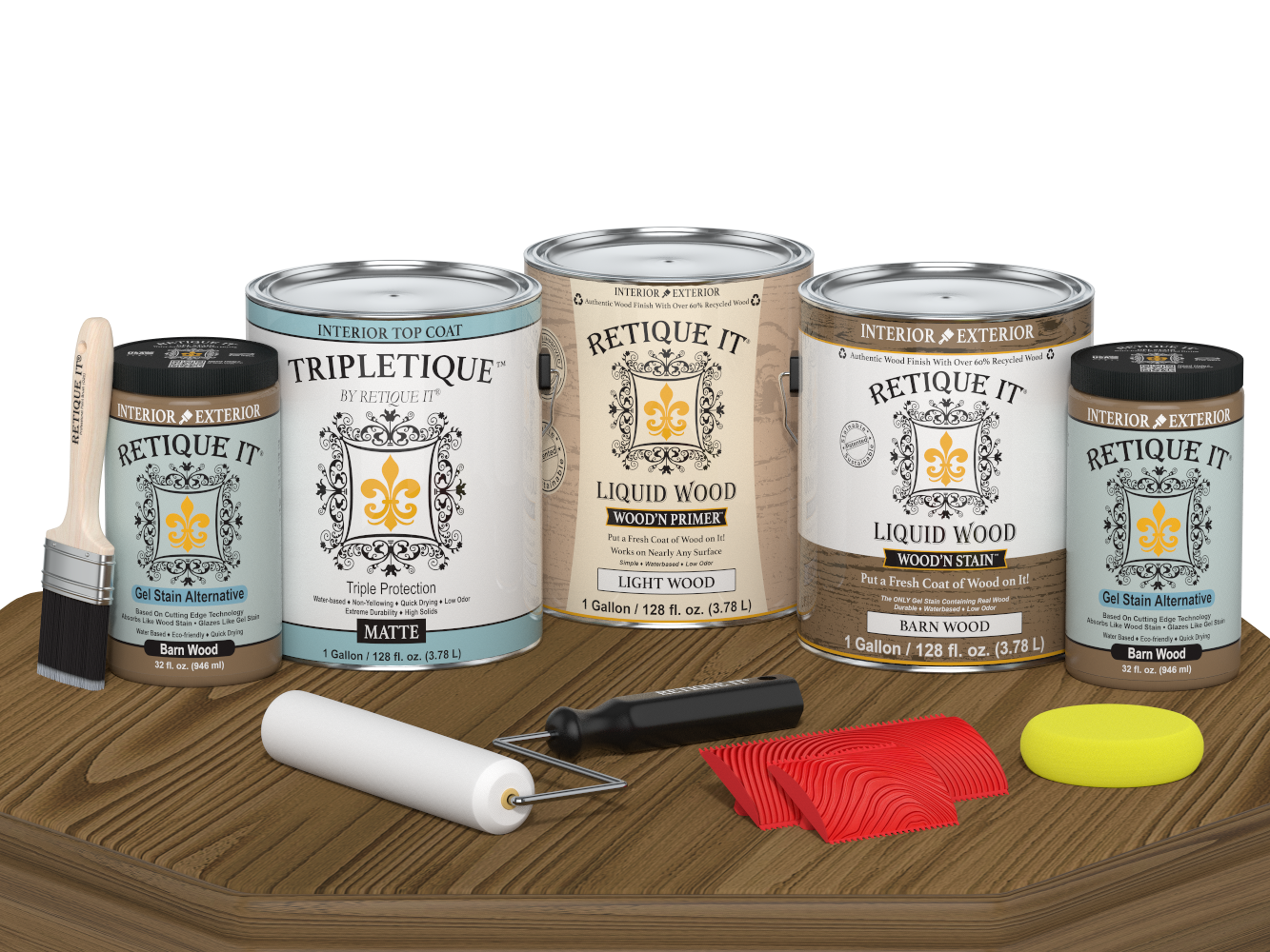 Retique It Wood'n Finish Kit with four large barn wood interior topcoat bottles in matte finish, ideal for multi-purpose wood projects.