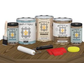 Retique It Wood'n Finish Kit with four large barn wood interior topcoat bottles in matte finish, ideal for multi-purpose wood projects.