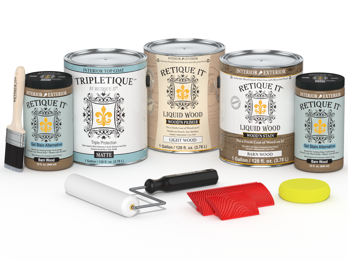 Retique It Wood'n Kit with four barn wood interior topcoat finish bottles in matte, designed for multi-purpose wood projects.
