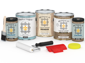Retique It Wood'n Kit with four barn wood interior topcoat finish bottles in matte, designed for multi-purpose wood projects.