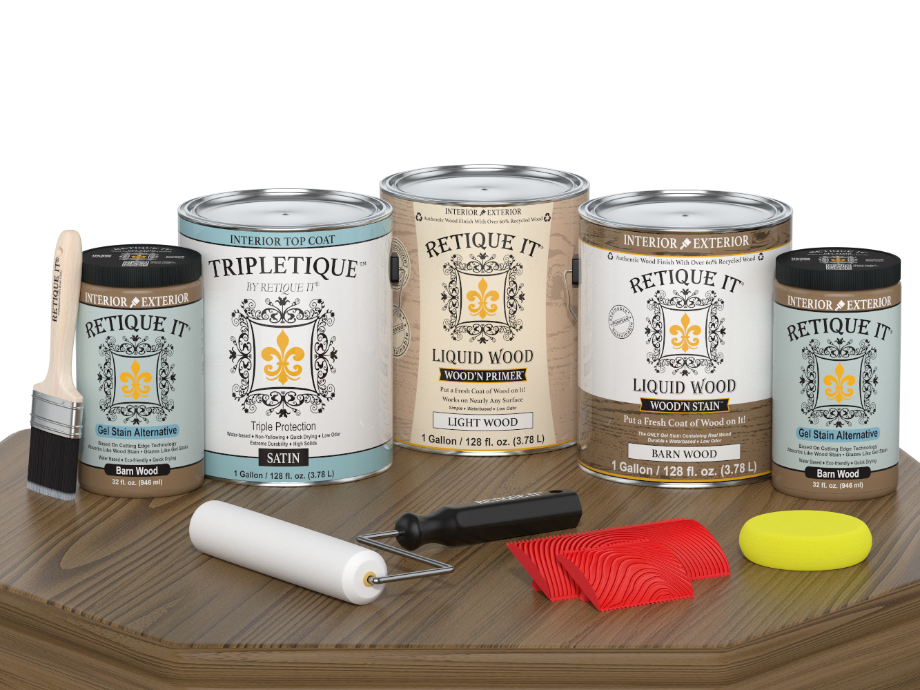 Retique It Wood'n Finish Kit in Barn Wood with Satin topcoat, featuring four large bottles for interior wood projects.