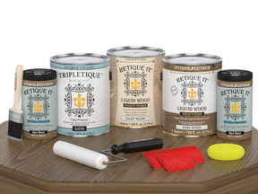 Retique It Wood'n Finish Kit in Barn Wood with Satin topcoat, featuring four large bottles for interior wood projects.
