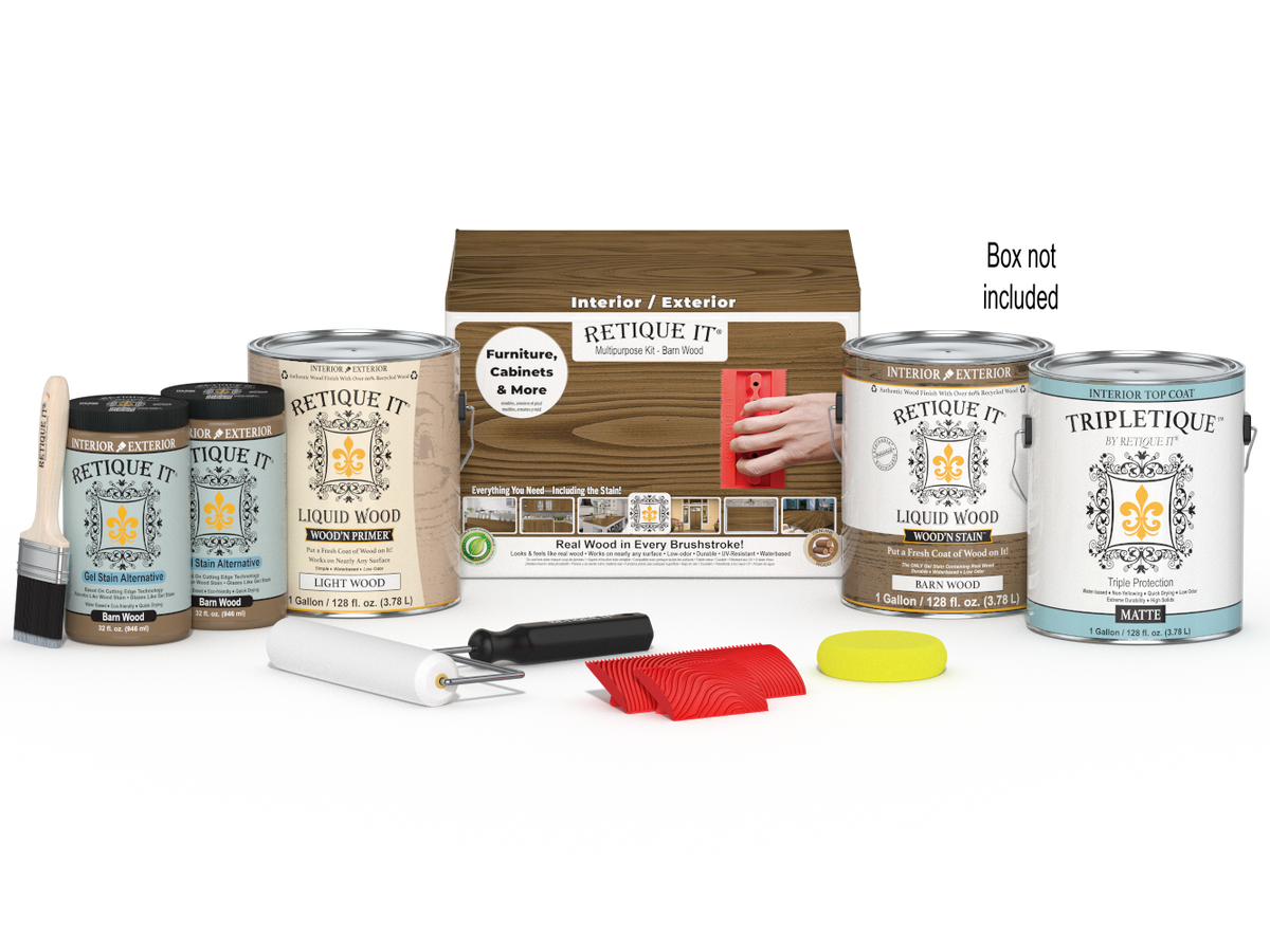 Retique It Wood'n Kit in barn wood finish with four large interior topcoat bottles and application tools in a box.