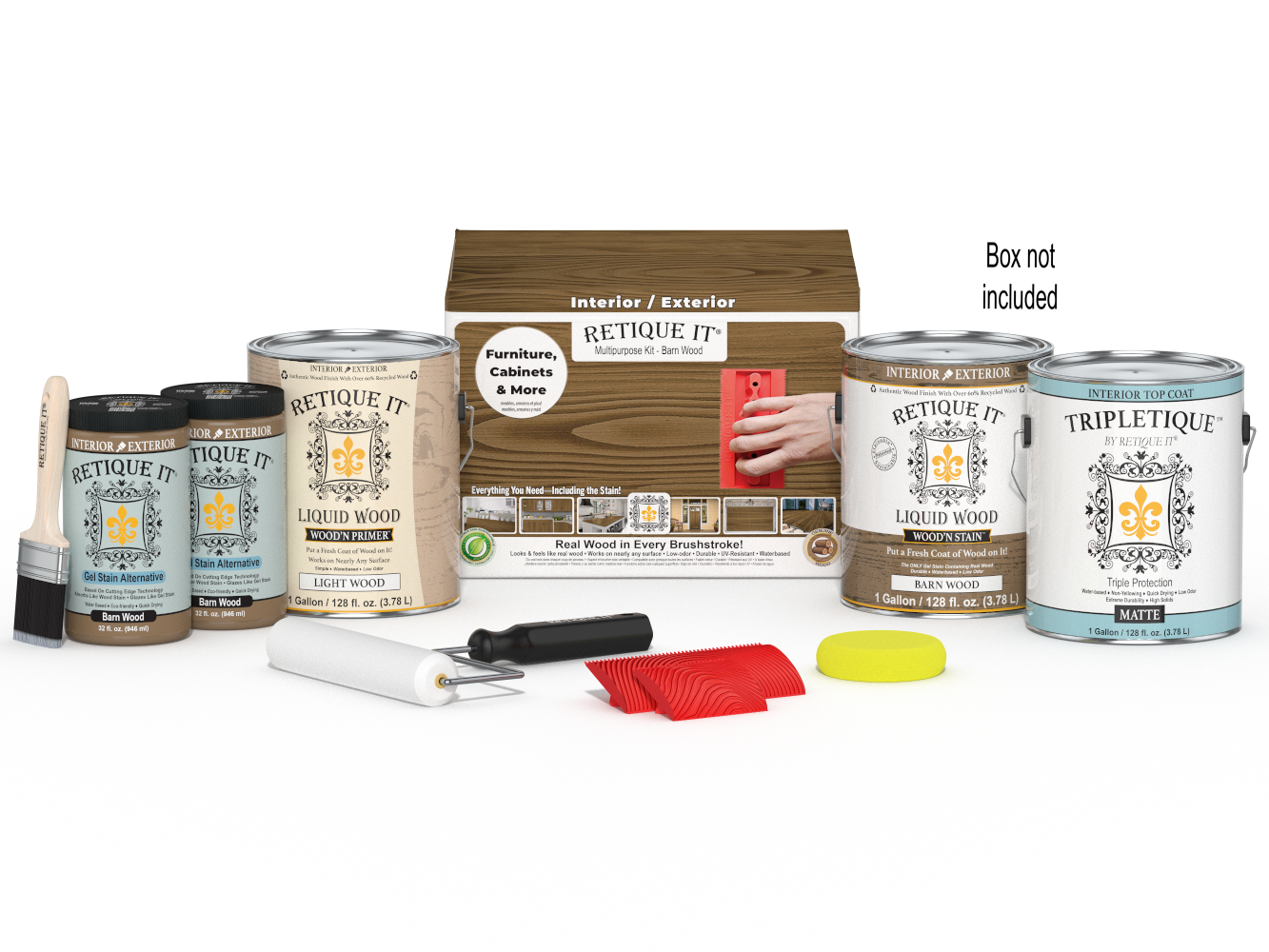 Retique It Wood'n Kit in barn wood finish with four large interior topcoat bottles and application tools in a box.