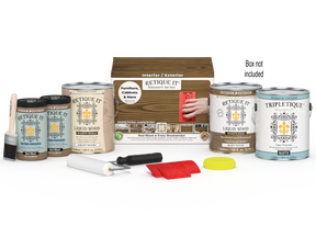 Retique It Wood'n Kit in barn wood finish with four large interior topcoat bottles and application tools in a box.