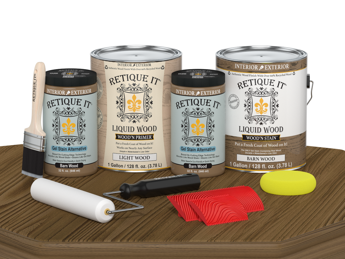Retique It Wood'n Cabinet Kit with 48 barn wood-grained stained cabinet doors, shown on a table for easy installation.