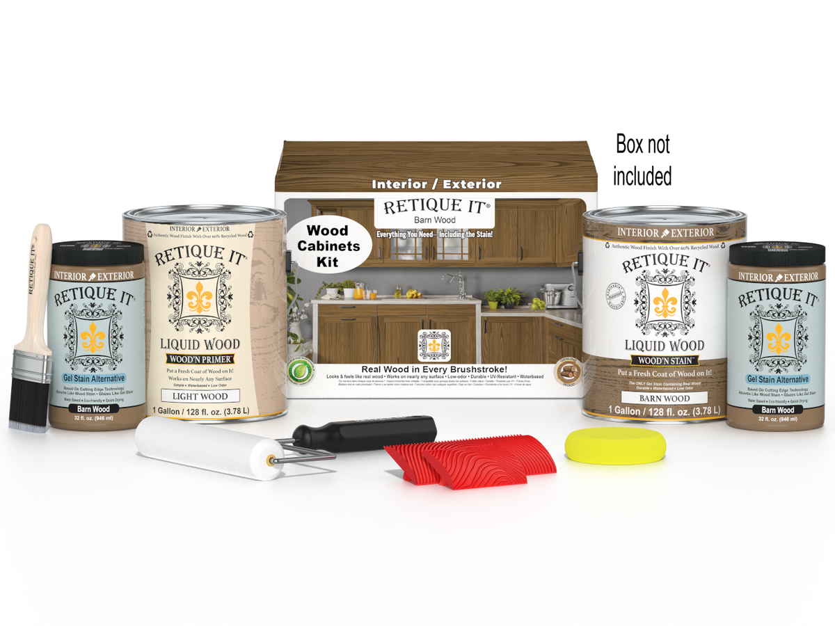 Retique It Wood'n Cabinet Kit with 48 barn wood-grained stained doors for a rustic kitchen or cabinet makeover.
