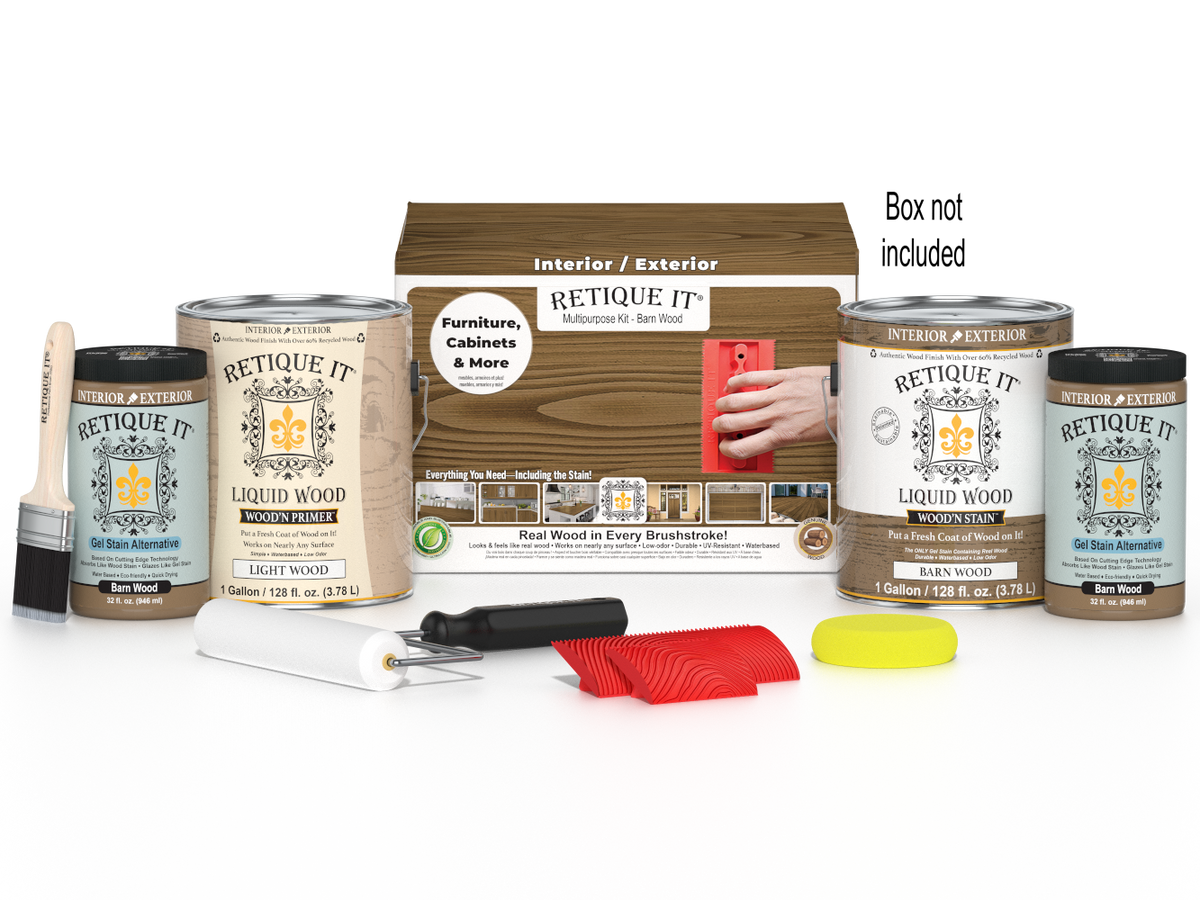 Retique It Wood'n Kit Barn Wood finish set with four large containers, ideal for multi-purpose wood finishing projects.